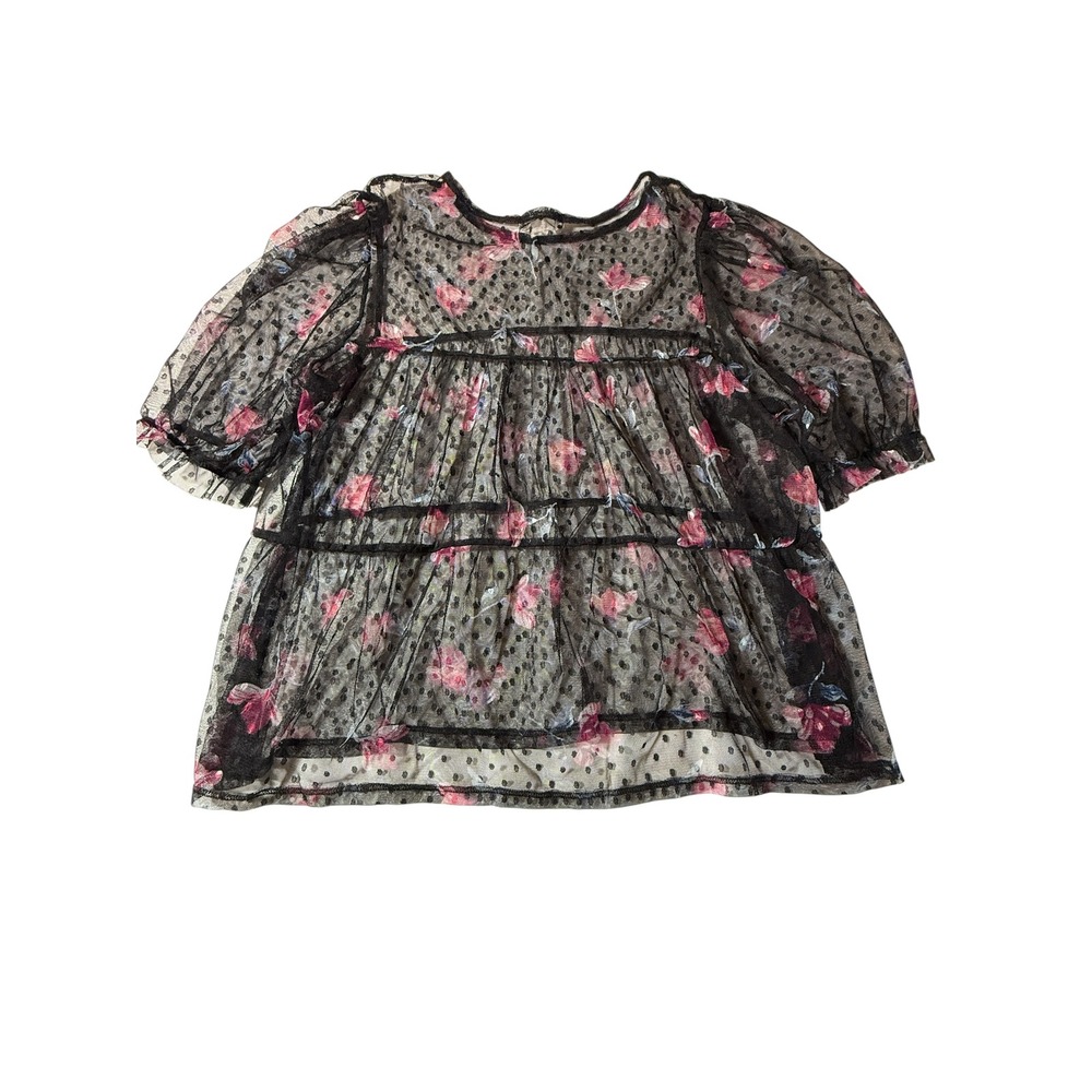 Tiny Willow Black Floral Mesh Babydoll Top Size M Tiered Puff Sleeve Coquette